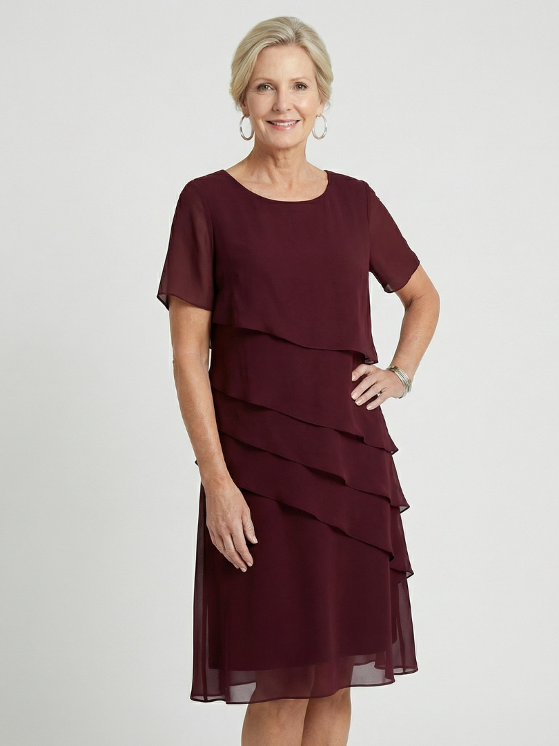Agnes | Knälång Konturklänning med Överdrapering i Marinblå, Grå och Burgundy