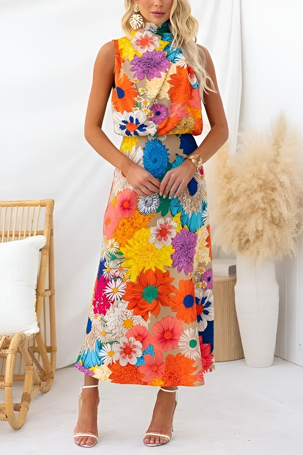 Berit | Flödig blommig maxiklänning med knytdetalj och midjebetonad passform
