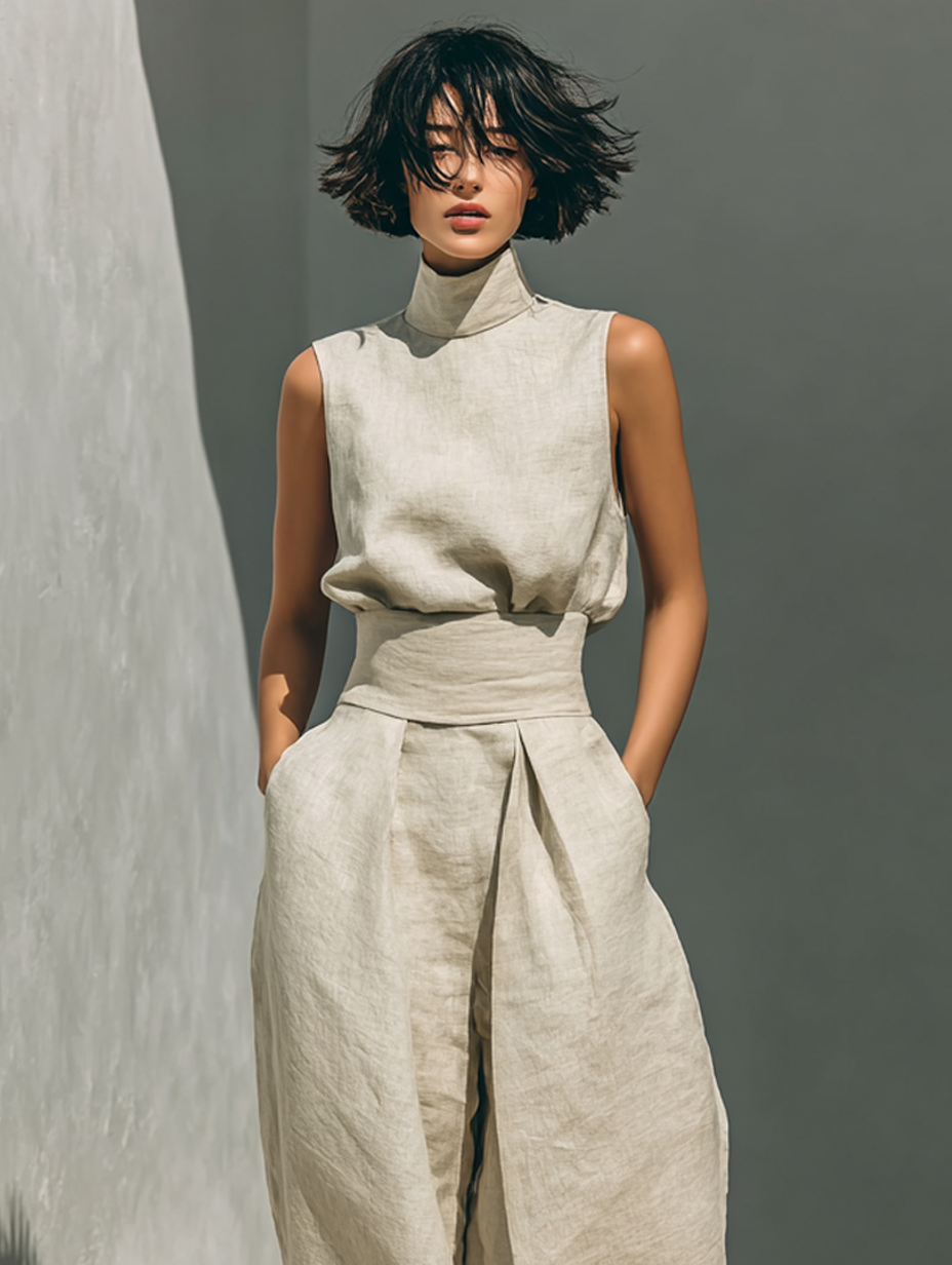 Maria – Set med linne och vida byxor i bomull och linne i minimalistisk stil för damer