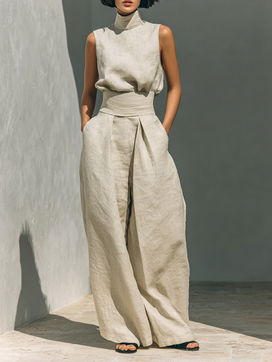 Maria – Set med linne och vida byxor i bomull och linne i minimalistisk stil för damer