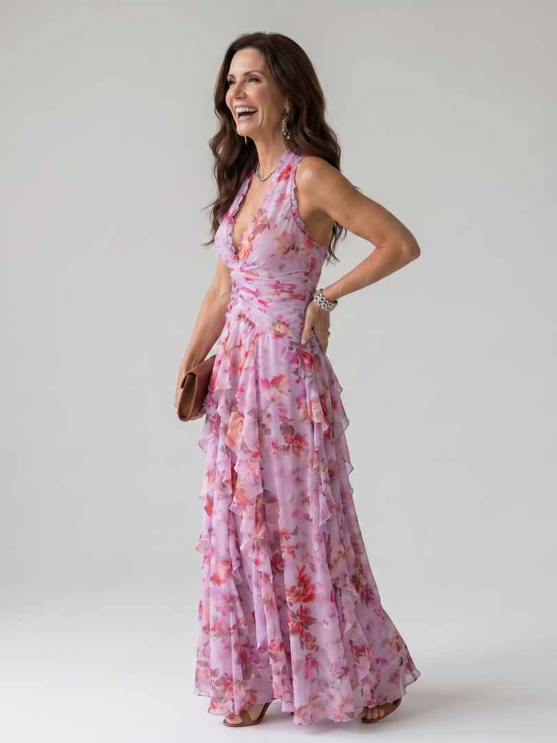 Nori | Halterneck-Rüschentop-Blumen-Maxikleid