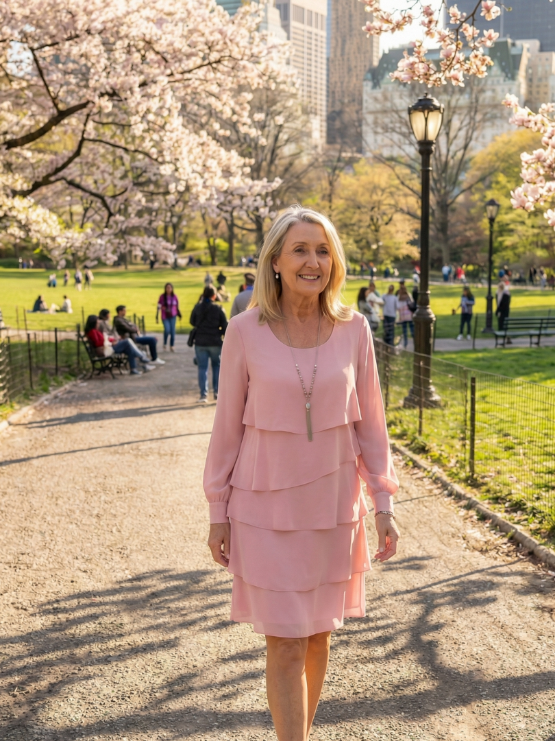 Emma | Knälång Klänning med Lager i Rosa