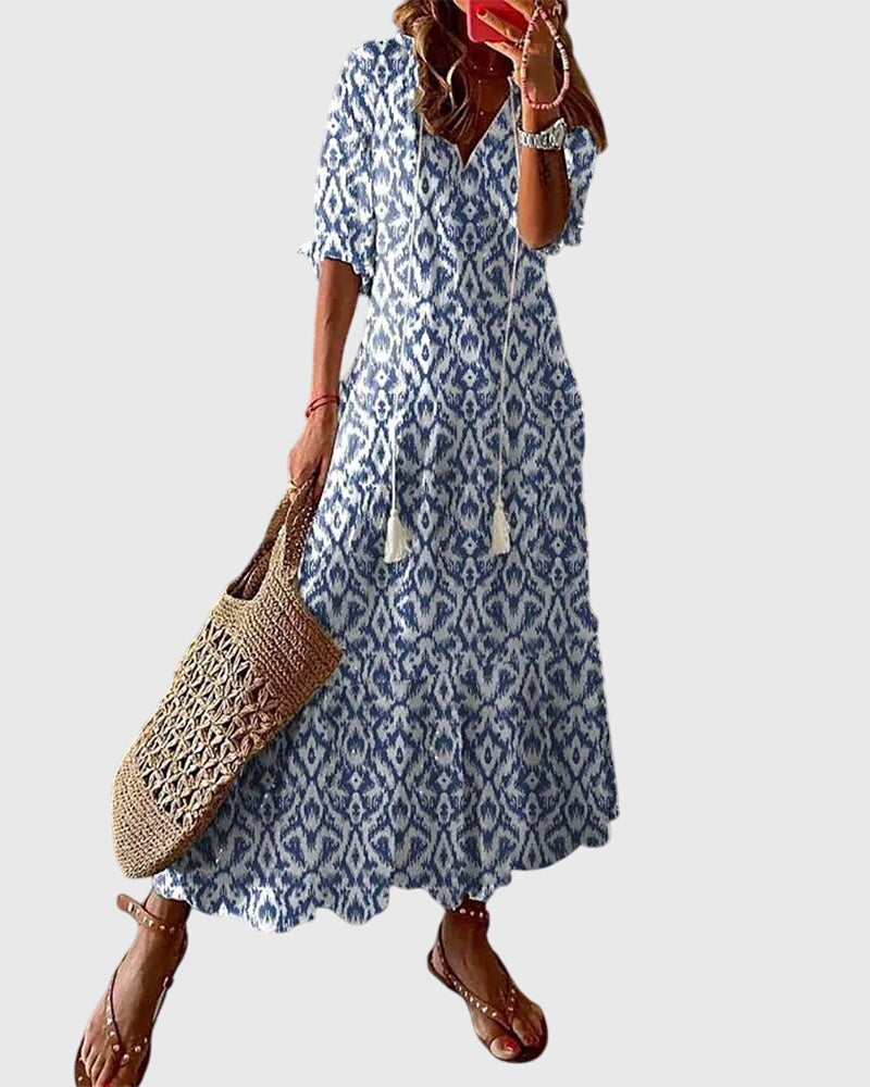 Sanna | Bohemisk Vintage Sommarklänning i Bomull, Blå