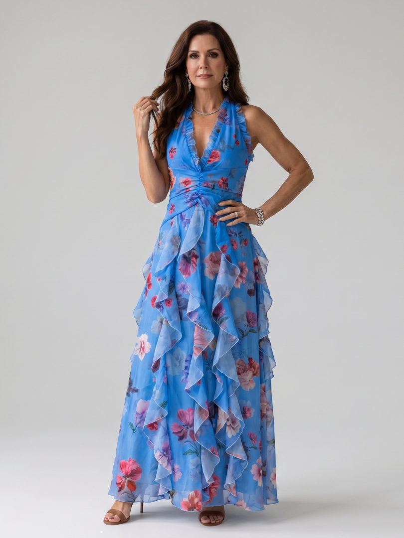 Nori | Halterneck-Rüschentop-Blumen-Maxikleid