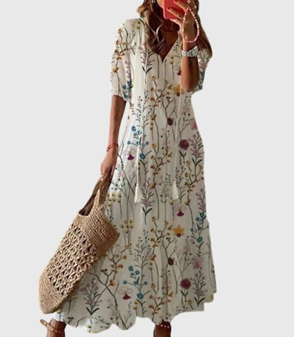 Sanna | Bohemisk Vintage Sommarklänning i Bomull, Blå