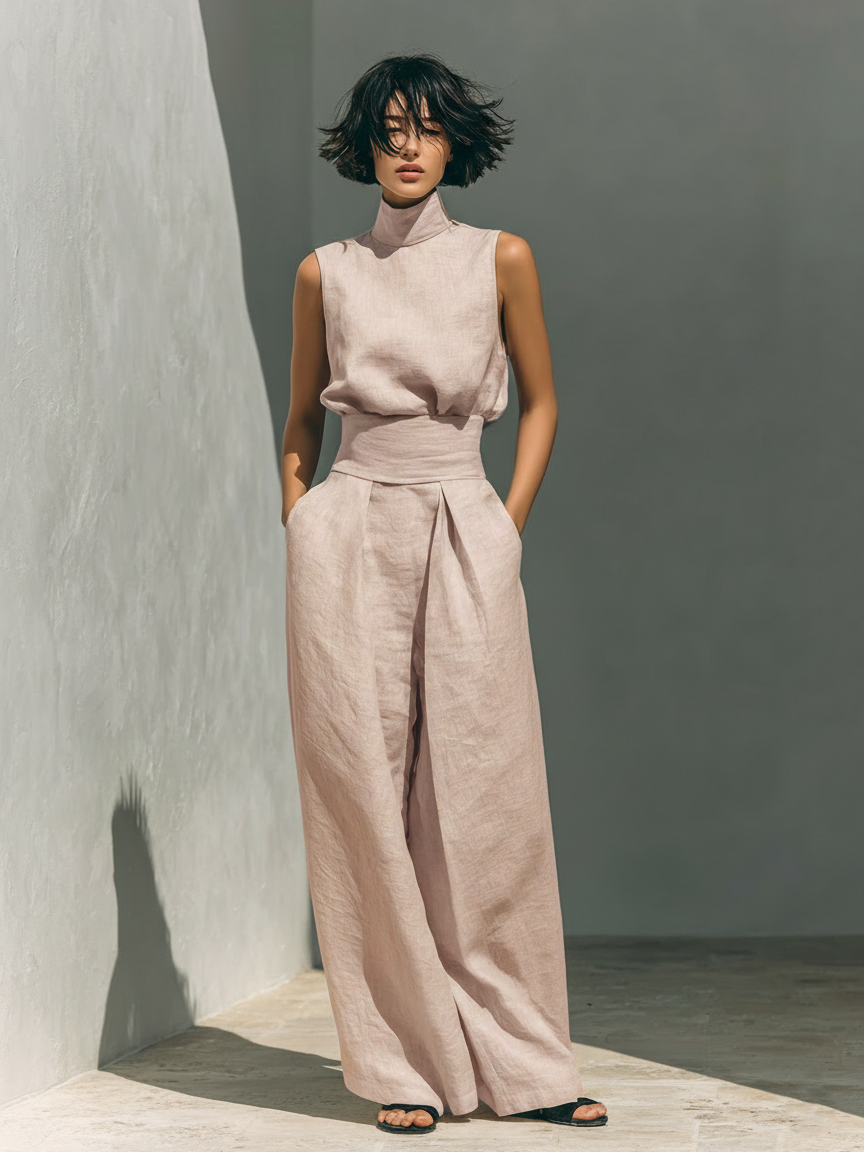 Maria – Set med linne och vida byxor i bomull och linne i minimalistisk stil för damer