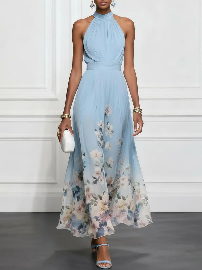 Gunilla | Blå Chiffon Haltermaxiklänning med Blommig Print