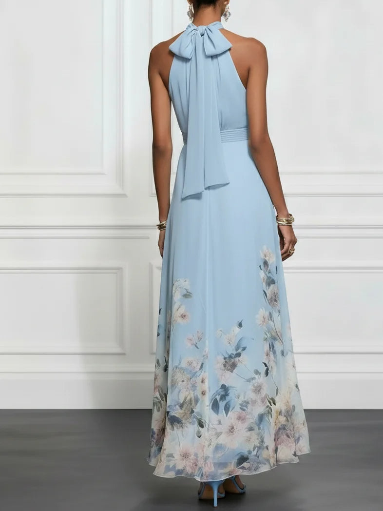 Gunilla | Blå Chiffon Haltermaxiklänning med Blommig Print