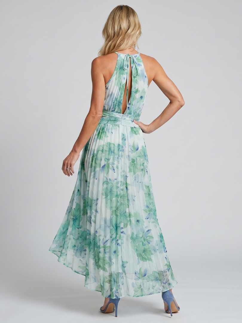 Portia | Fållande Halter-Soft-Blommönster-Midi-Klänning