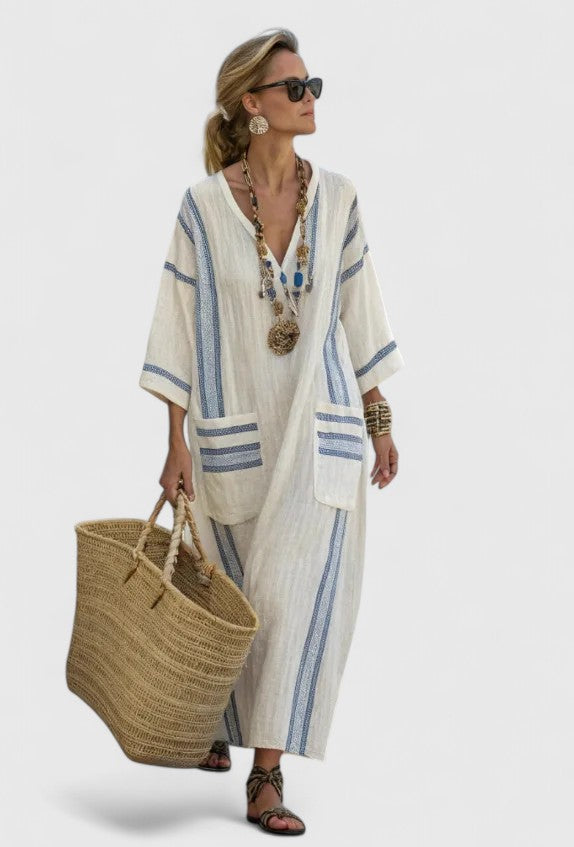 Sofia | Elegant Maxiklänning i Beige och Svart, Viskos och Lin