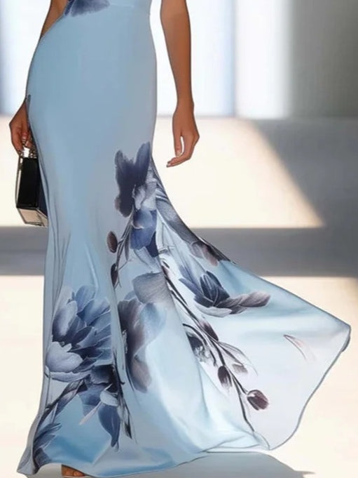 Agnes | Satinmaxiklänning med Off-Shoulder-detalj i Ljusblå