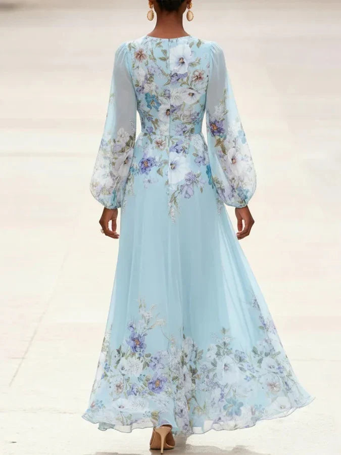 Sanna | Ljusblå Blommig Chiffon Maxiklänning med V-ringning