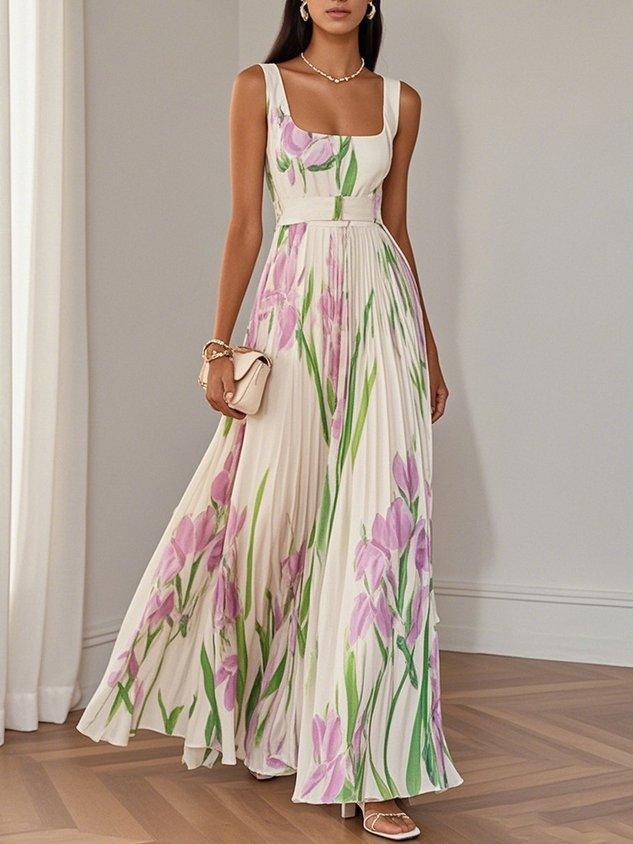 Cecilia | Plisserad Chiffon Maxiklänning med Blomsterprint