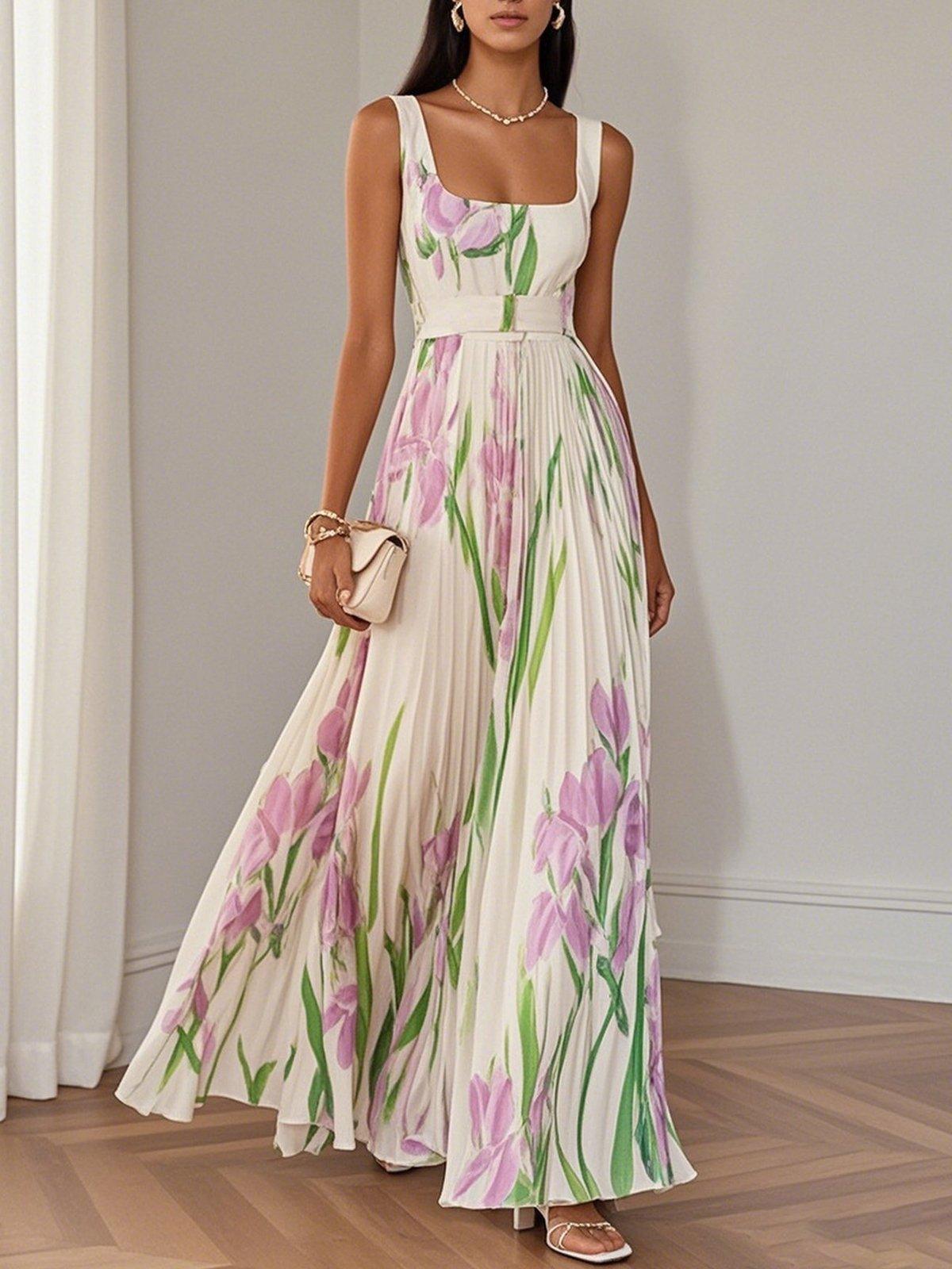 Cecilia | Plisserad Chiffon Maxiklänning med Blomsterprint