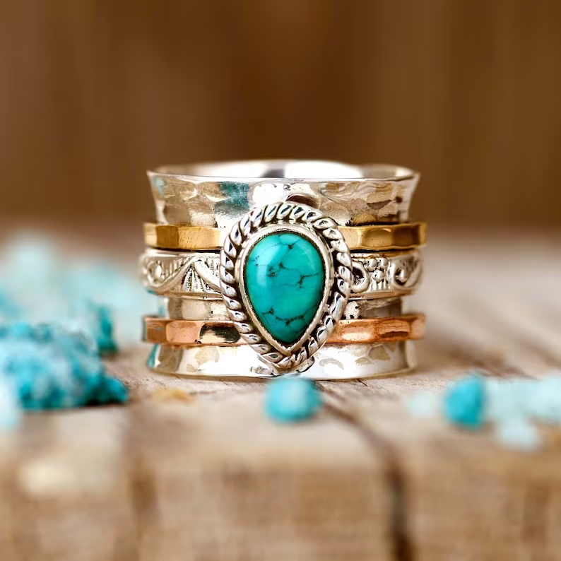 Antik Turkos Inlagd Guld Silver Ring
