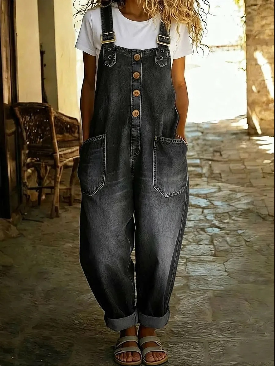 Lora™ - Denim Hängselbyxor i Vintage-stil