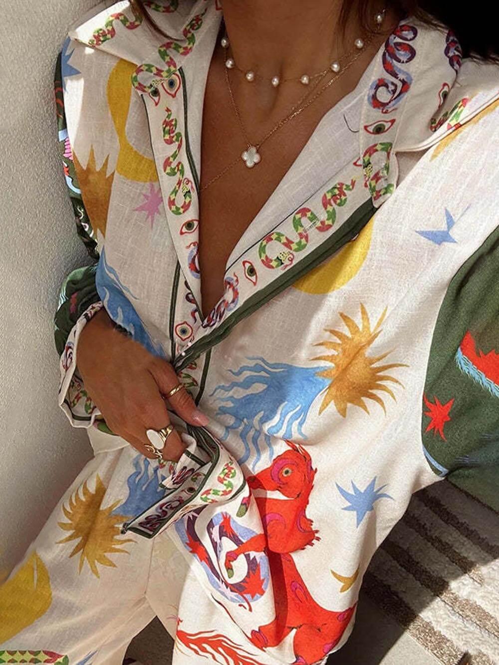 Tyra | Matchande Set med Långärmad Topp och Elastiska Byxor i Flerfärgad