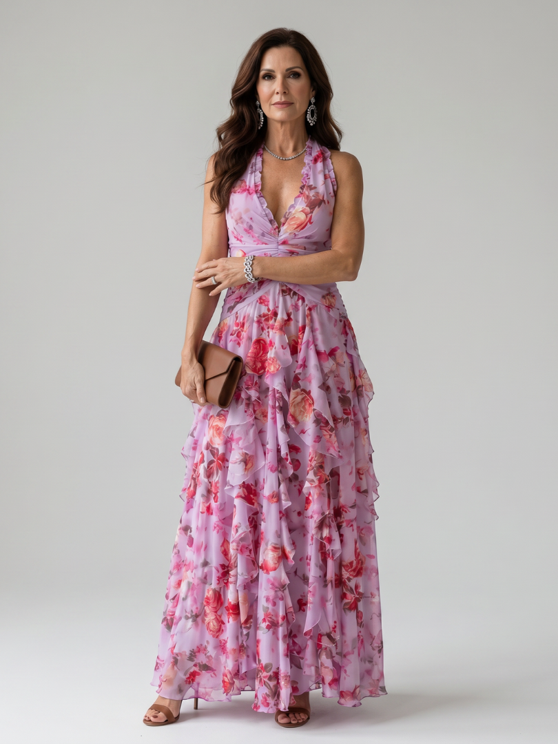 Nori | Halterneck-Rüschentop-Blumen-Maxikleid