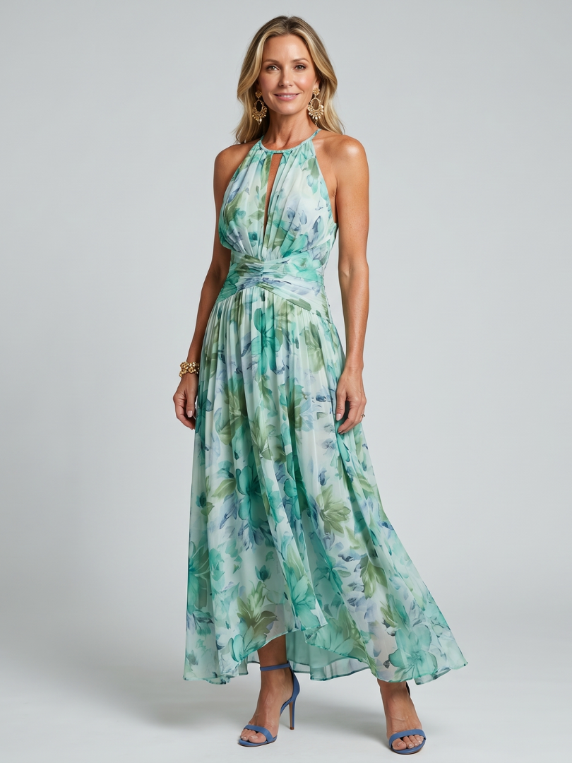 Portia | Fållande Halter-Soft-Blommönster-Midi-Klänning