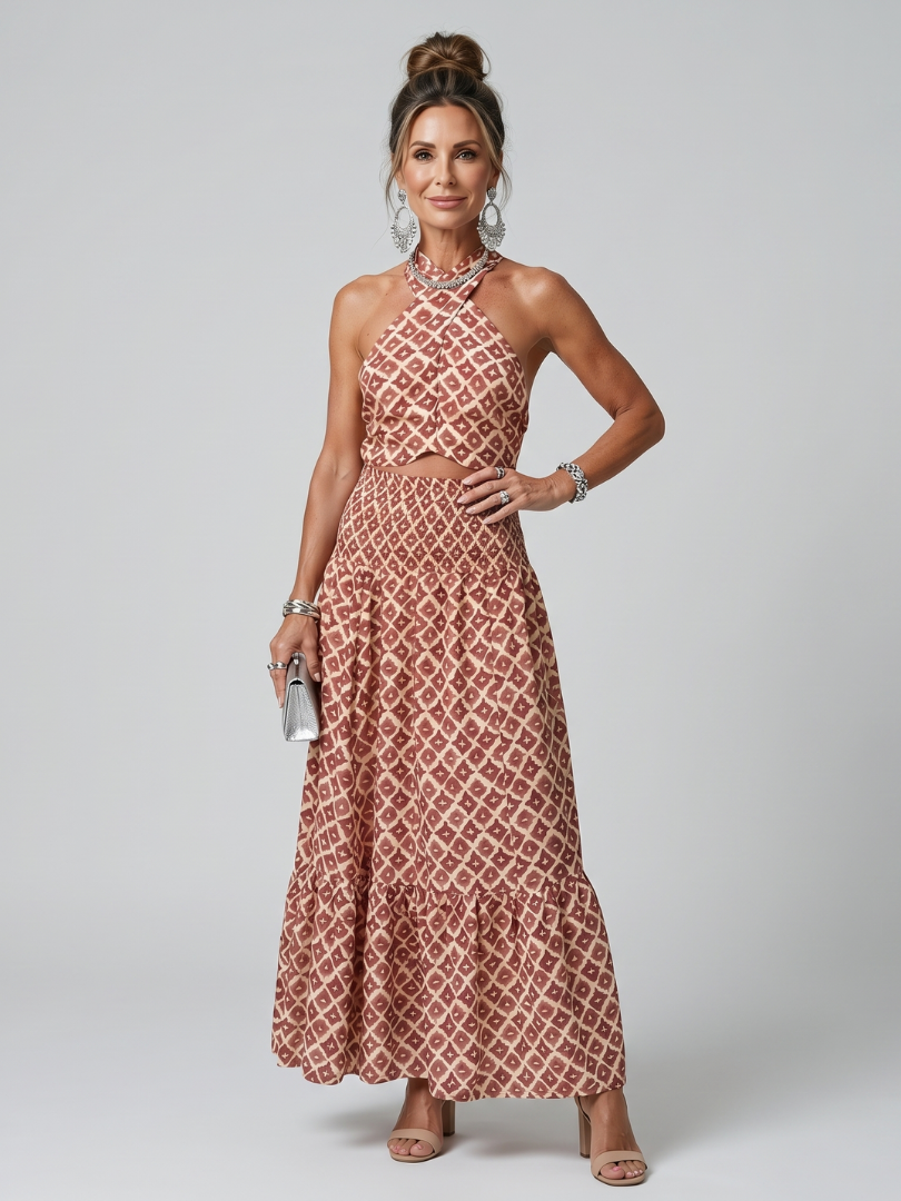 Amira | Geometrisk Print Cutout Midi Klänning