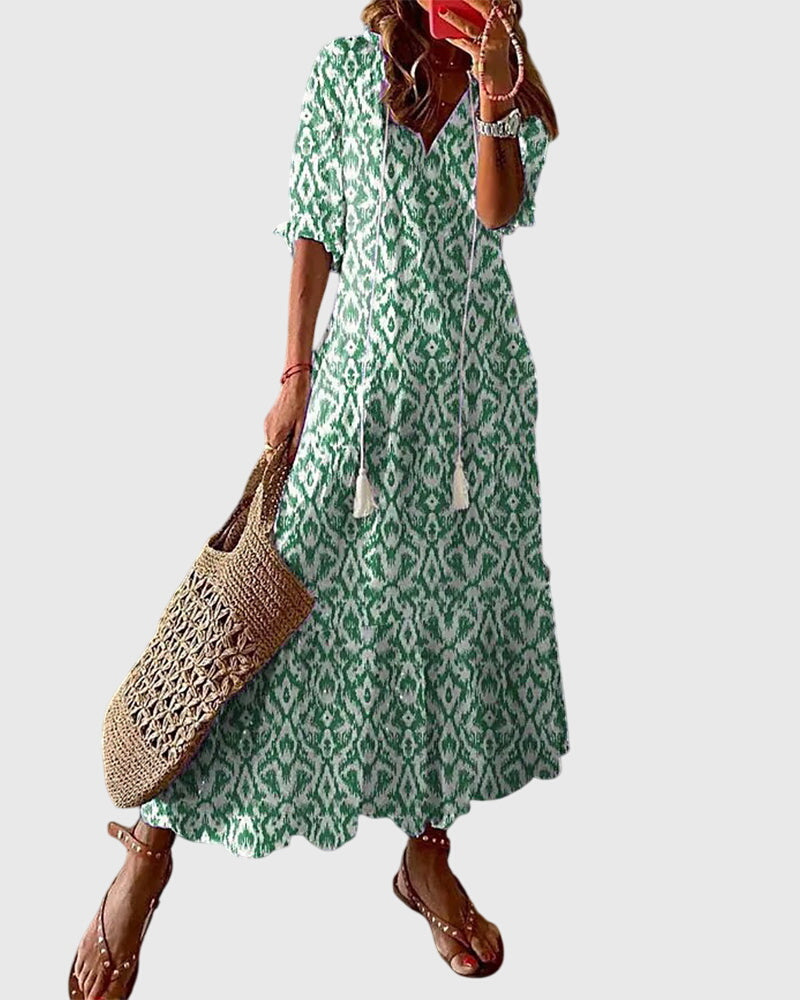 Sanna | Bohemisk Vintage Sommarklänning i Bomull, Blå