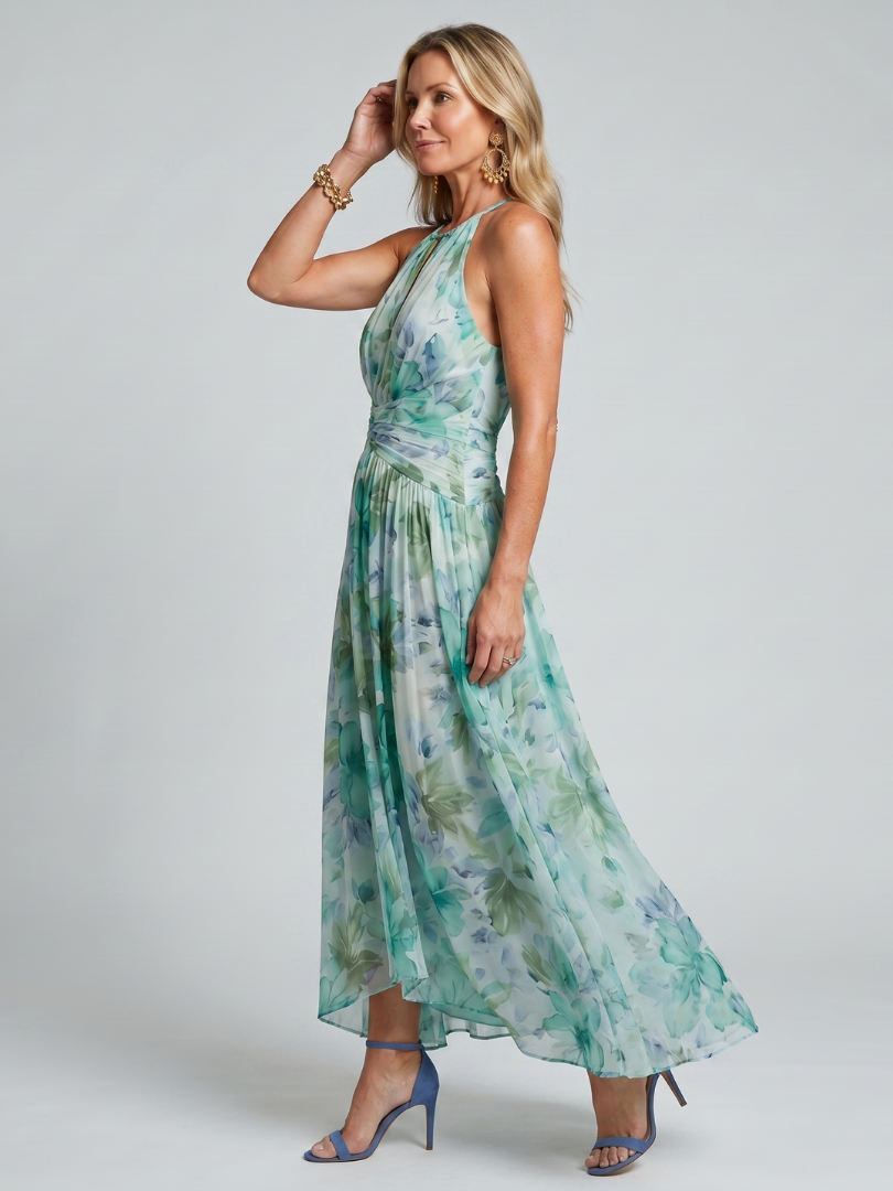 Portia | Fållande Halter-Soft-Blommönster-Midi-Klänning