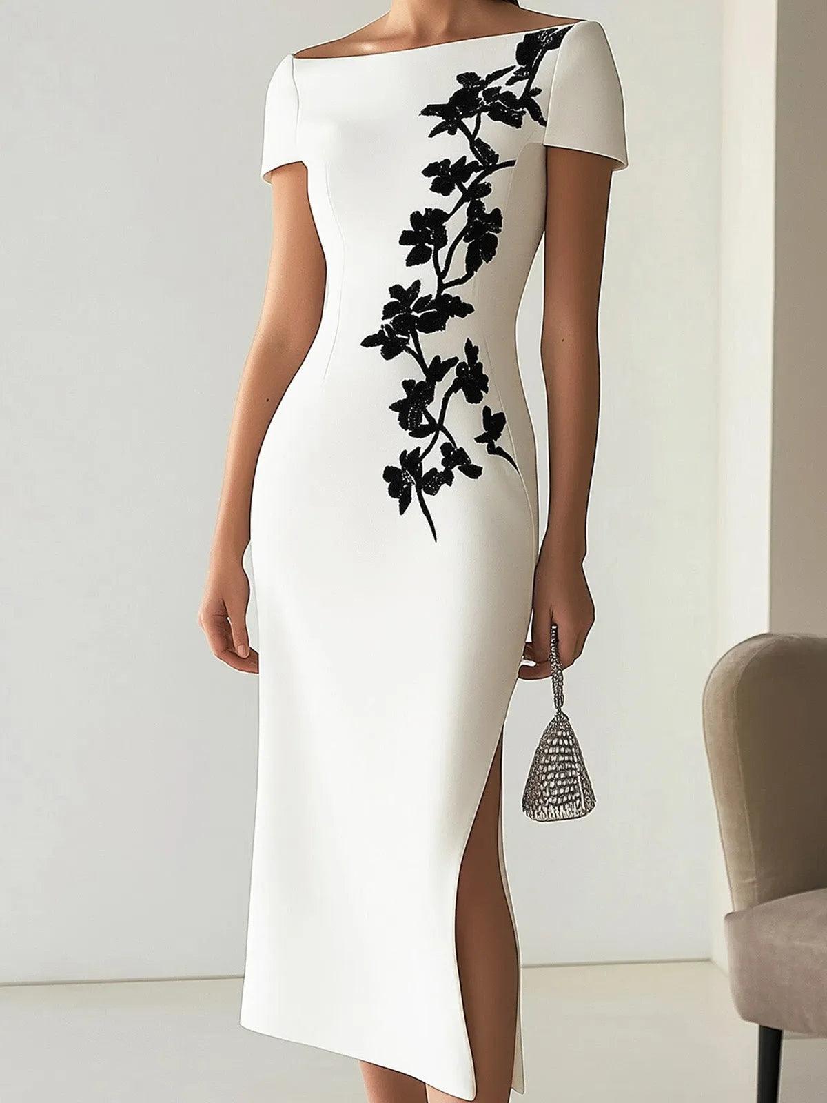 Lena | Elegant blomstrig midi-klänning med båthals i vit