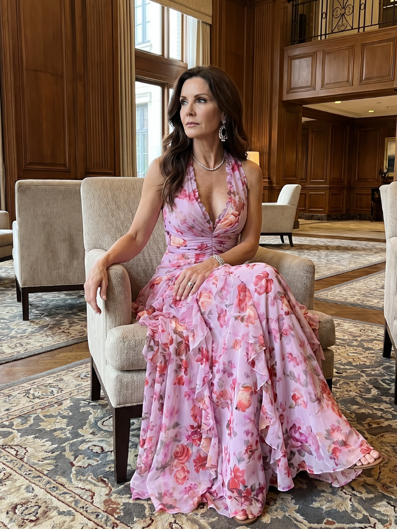 Nori | Halterneck-Rüschentop-Blumen-Maxikleid