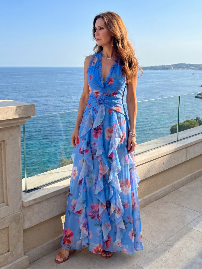 Nori | Halterneck-Rüschentop-Blumen-Maxikleid