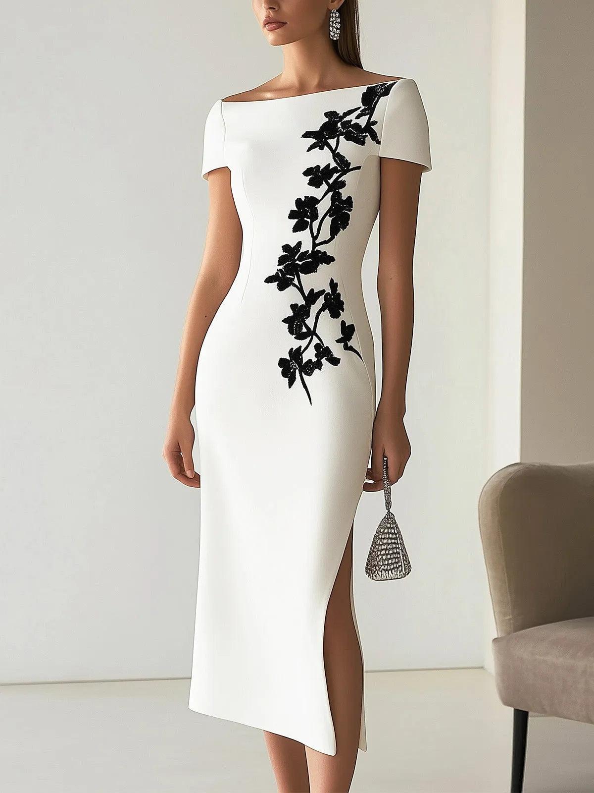 Lena | Elegant blomstrig midi-klänning med båthals i vit