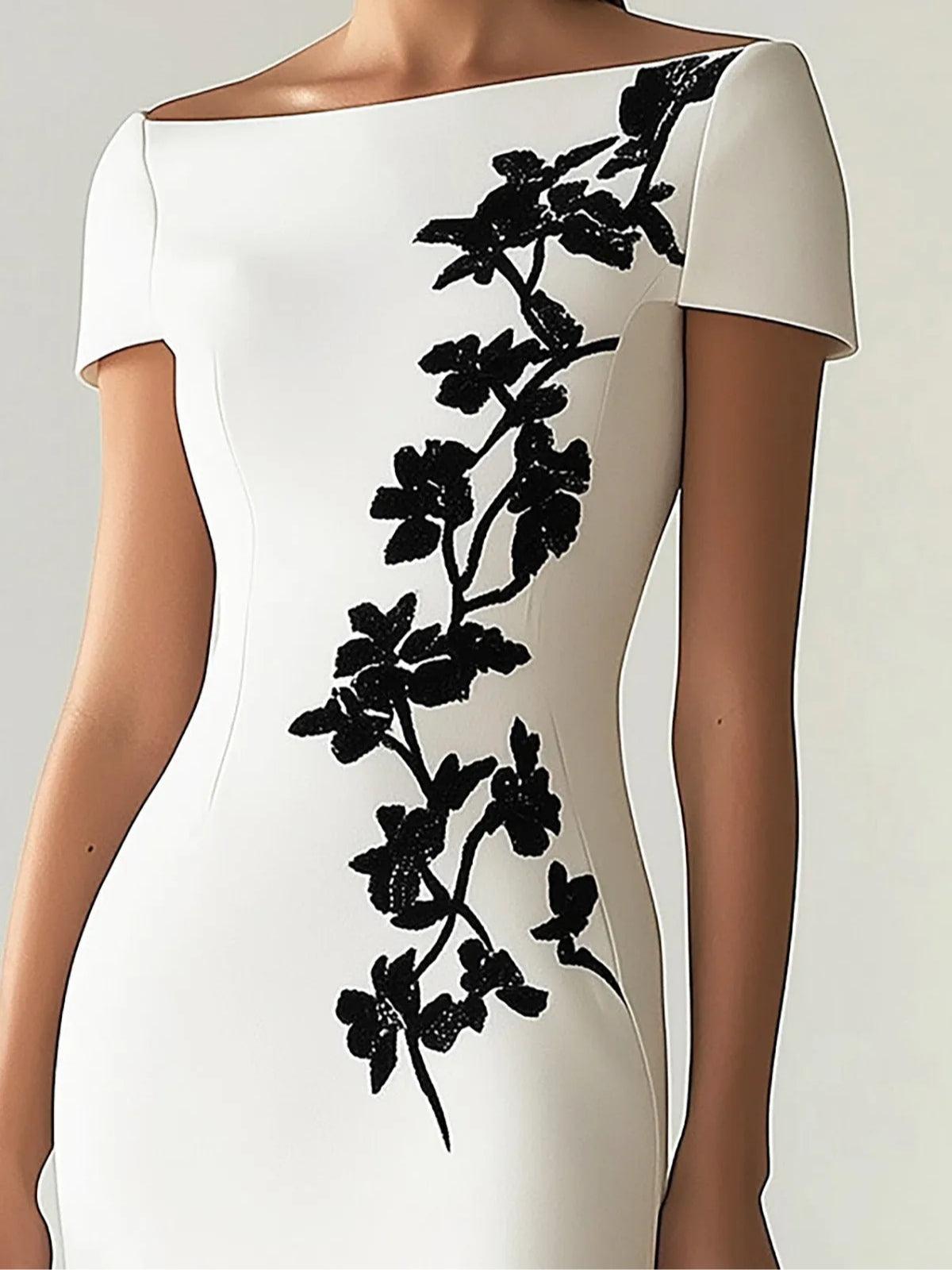 Lena | Elegant blomstrig midi-klänning med båthals i vit
