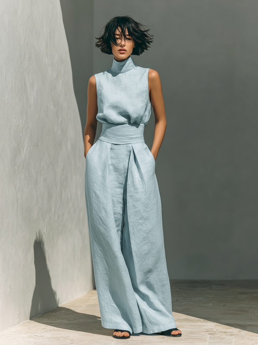 Maria – Set med linne och vida byxor i bomull och linne i minimalistisk stil för damer