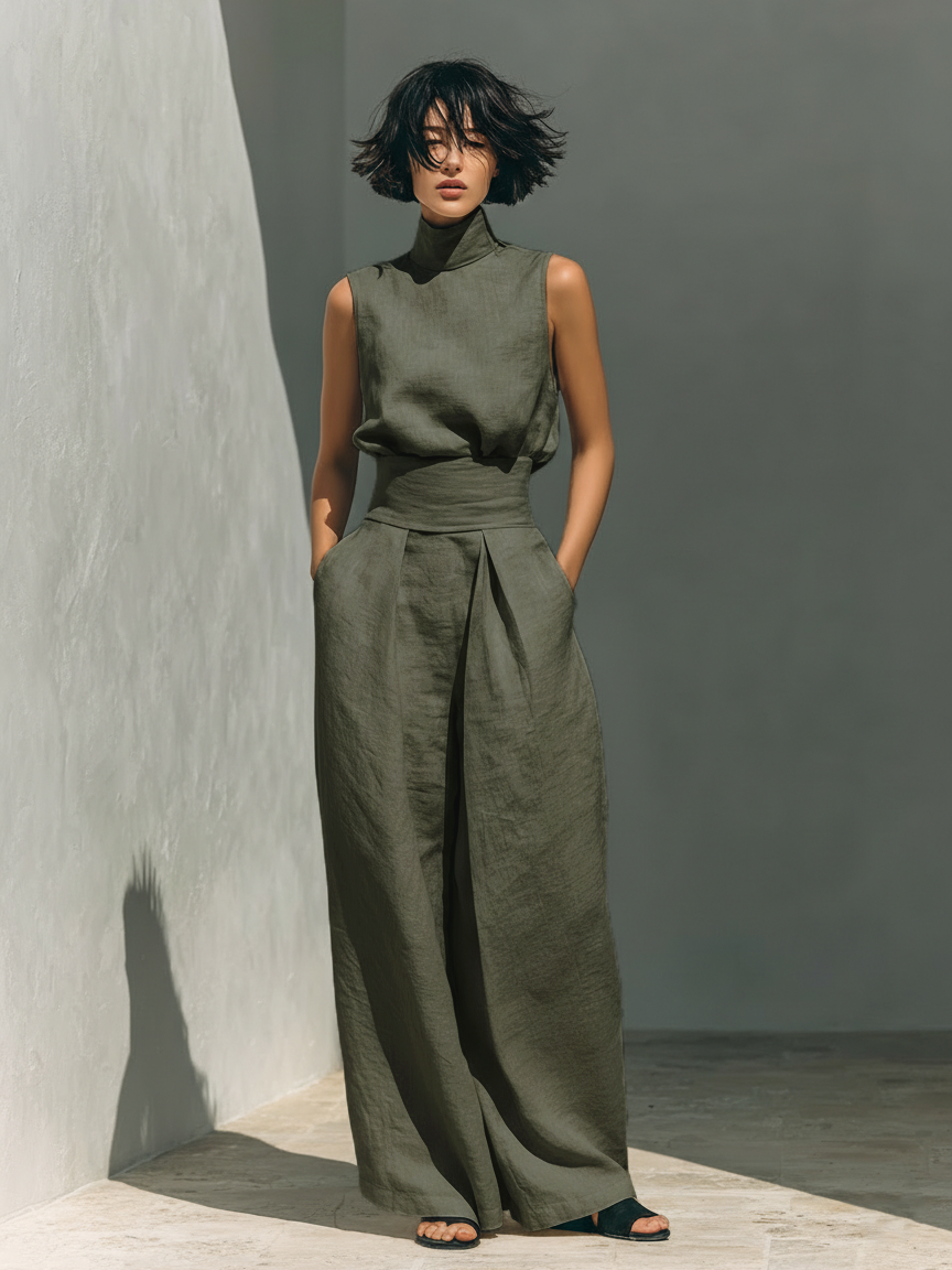 Maria – Set med linne och vida byxor i bomull och linne i minimalistisk stil för damer
