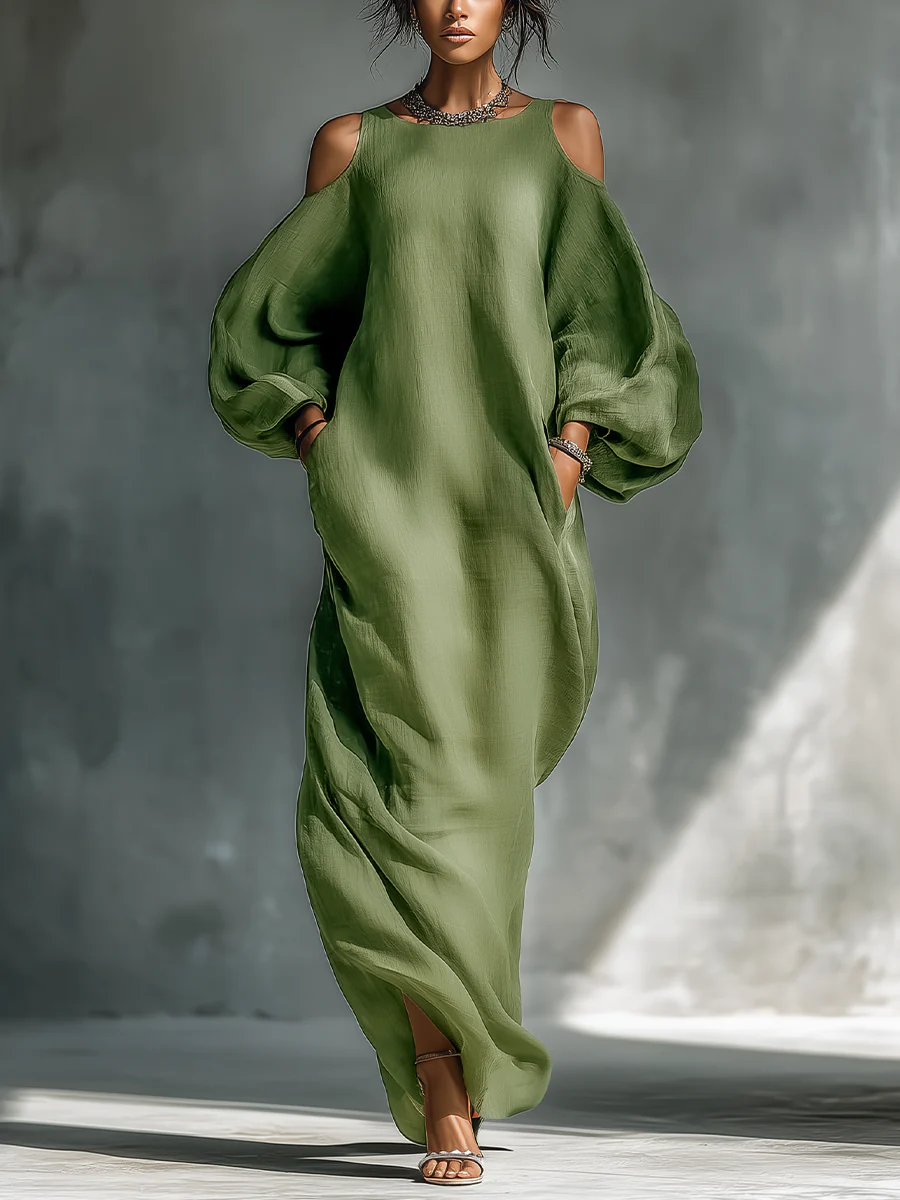 Camilla | Grön Maxiklänning med Off-Shoulder och Puffärmar