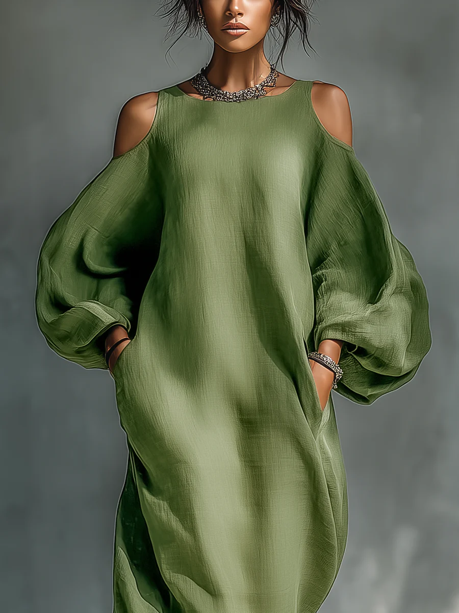 Camilla | Grön Maxiklänning med Off-Shoulder och Puffärmar