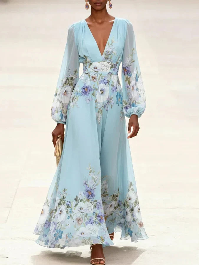 Sanna | Ljusblå Blommig Chiffon Maxiklänning med V-ringning