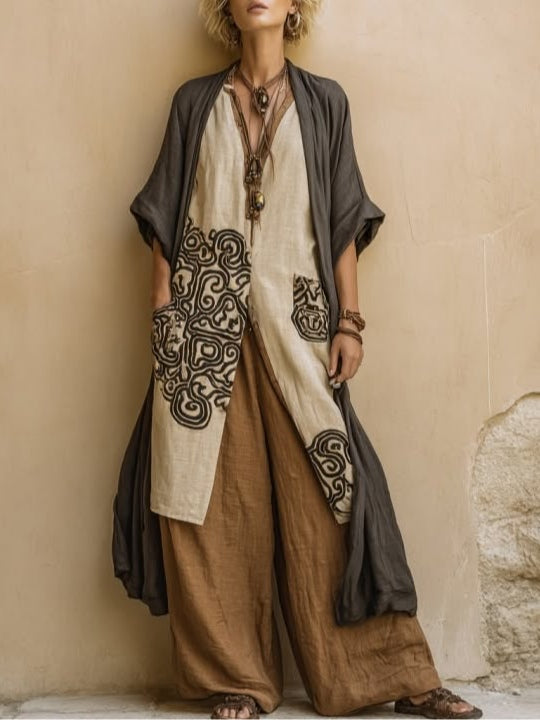 Inga | Trelagers Set med Tribal Print i Grå och Brun
