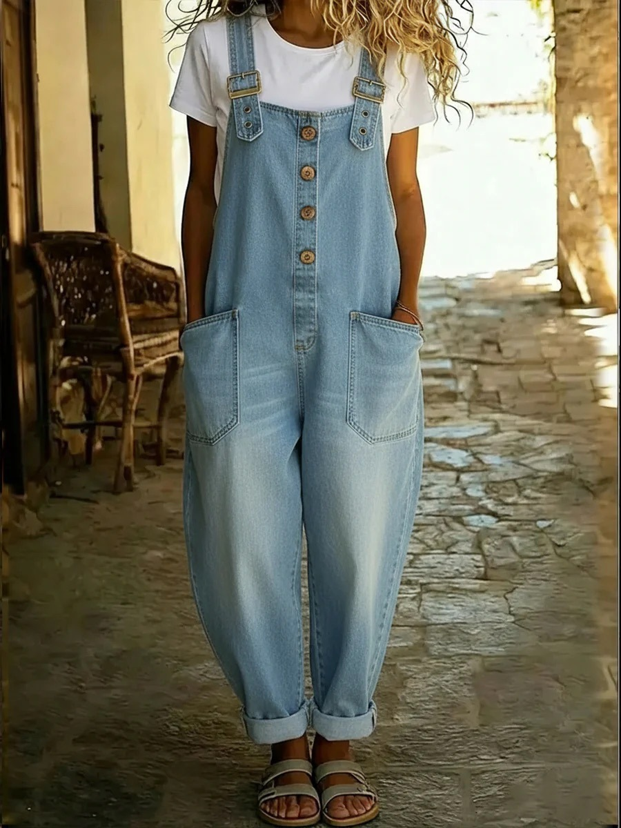 Lora™ - Denim Hängselbyxor i Vintage-stil