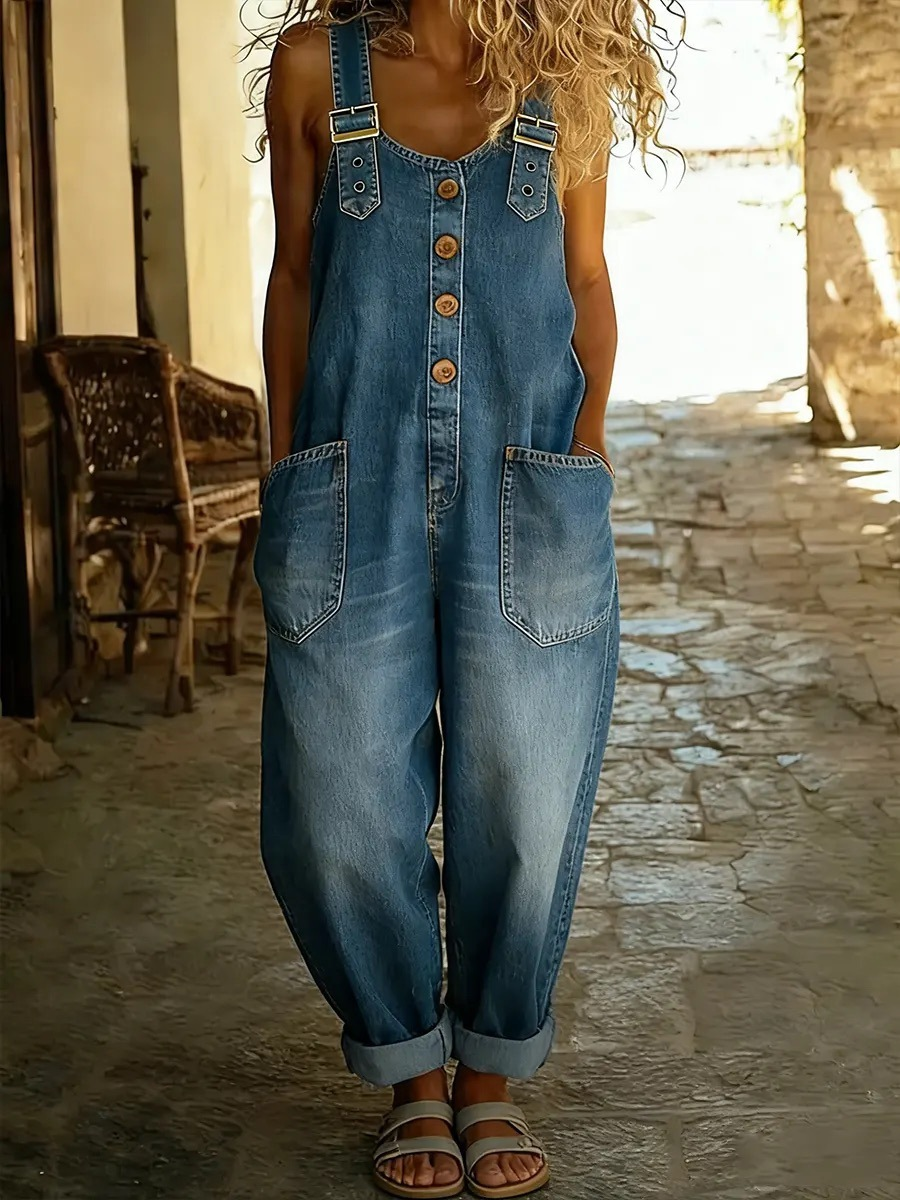 Lora™ - Denim Hängselbyxor i Vintage-stil