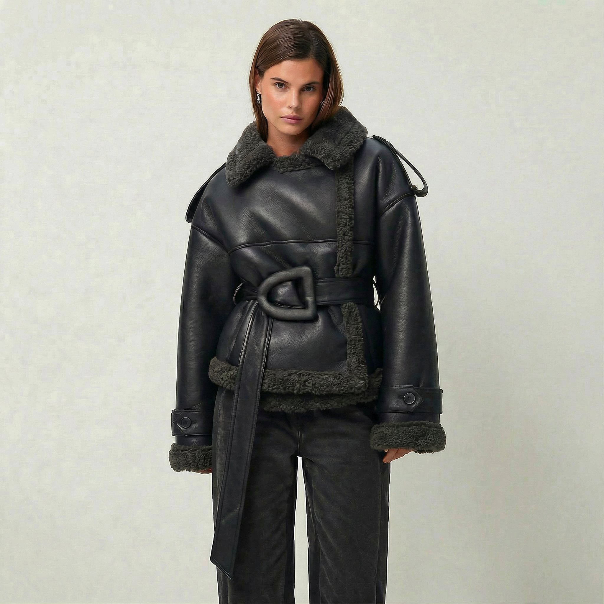 Zaria – Lyxig shearling-look jacka med bälte